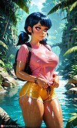 1girls ai_generated backpack bare_arms bare_legs bare_thighs blue_eyes blue_hair disney disney_channel hi_res jungle large_ass large_breasts long_hair marinette_cheng marinette_dupain-cheng miraculous:_tales_of_ladybug_and_cat_noir miraculous_ladybug shiny_clothes shiny_skin shorts solo solo_female solo_focus standing t-shirt thick_thighs twintails waifufamily wet_body wet_clothes wet_skin