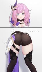 ... 1girls absurdres ass black_footwear black_shorts blue_eyes breasts cameltoe cleavage commentary_request corset elf elysia_(honkai_impact) elysia_(miss_pink_elf)_(honkai_impact) glory_wall highres honkai_(series) honkai_impact_3rd large_breasts pink_hair pointy_ears pout short_shorts shorts solo stuck thighs through_wall white_corset xiao_fei