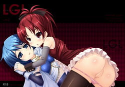 2girls amarotamaro ass blue_eyes blue_hair blush censored female female_only gloves hand_holding high_resolution long_hair mahou_shoujo_madoka_magica miki_sayaka multiple_girls panties panty_pull ponytail pussy pussy_juice red_eyes red_hair sakura_kyouko short_hair skirt thighhighs tied_hair underwear upskirt yuri