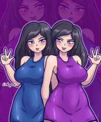 2girls big_breasts clothed clothed_female female gibagane helia_(pokemon) helia_(pokemon_reloaded) nipples noelia_(pokemon) noelia_(pokemon_reloaded) oc original original_character pokemon pokemon_fangame pokemon_reloaded tagme