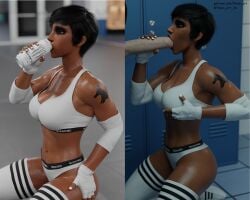 3d big_breasts big_penis bleached bleached_clothing blowjob dark-skinned_female interracial juxtaposition light-skinned_male monster_energy overwatch painted_nails pharah sham_art sweat