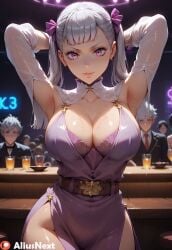 1girls ai_generated aliusnext big_breasts black_clover chubby cute female high_quality high_resolution highres huge_breasts nightclub noelle_silva patreon purple_eyes teenager thick thick_ass thick_legs twintails white_hair