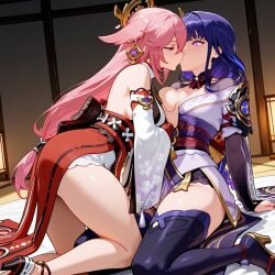 ai_generated breasts genshin_impact groping_breasts kissing raiden_shogun yae_miko yuri yuri