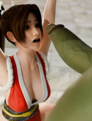 1boy 1girls 3d asian asian_female azexnsfw big_penis blender breasts brown_eyes brown_hair captured cleavage clothed_female_nude_male cock_shock fatal_fury green_skinned_male hair_ribbon hands_above_head holding_hands imminent_oral king_of_fighters kunoichi kunoichi_dress light-skinned_female light_skin mai_shiranui monster open_mouth orc orc_male penis ponytail self_upload snk staring_at_penis