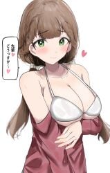 absurdres arm_under_breasts bare_chest bare_hands bare_shoulders bare_skin bikini bikini_top blunt_bangs blush blush_face blush_lines blushed_face blushing_at_viewer blushing_face blushing_female bra breasts brown_eyebrows brown_hair brown_hair_female busty busty_female busty_girl cleavage closed_mouth_smile collarbone dialogue dialogue_bubble exposed_chest exposed_shoulders exposed_skin exposing exposing_breasts exposing_chest exposing_self eyebrows_visible_through_hair female green_eyes green_eyes_female heart highres jacket japanese_text large_breasts long_hair long_sleeves looking_at_viewer love_live! love_live!_superstar!! nervous nervous_expression nervous_face nervous_female nervous_smile nervous_sweat off_shoulder red_jacket sakurakouji_kinako showing_breasts showing_chest shy shy_expression shy_smile smile smiley_face smiling smiling_at_viewer smirk solo speech_bubble string_bikini sunya_(honorin-yuunibo) swimsuit swimwear text text_bubble translation_request twintails twintails_(hairstyle) underwear upper_body white_background white_bikini white_bikini_top white_bra white_string_bikini white_swimsuit white_swimwear