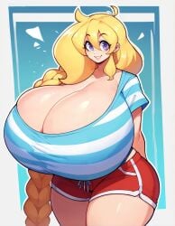 ai_generated ass_bigger_than_head blonde_hair braided_hair breasts_bigger_than_head cassie_(theycallhimcake) cleavage dioxide enormous_ass enormous_breasts female huge_breasts pinup purple_eyes simple_background smile tagme thick_thighs thighs_bigger_than_head yellow_hair