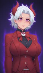 ai_generated beelzebub_(helltaker) brainwashed brainwashing dark_areola demon_girl demon_horns earrings formal formal_clothes gloves helltaker horns hypnosis mind_control pixai purple_eyes red_gloves red_suit tagme utter_domination venus_body voluptuous voluptuous_female white_hair