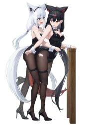 2girls absurdres against_railing ahoge alternate_costume animal_ear_fluff animal_ears aqua_eyes bare_shoulders black_bow black_bowtie black_footwear black_hair black_hairband black_leotard black_pantyhose blush bow bowtie breasts cleavage commentary_request covered_navel dark_persona detached_collar dual_persona fox_ears fox_girl fox_tail full_body hairband high_heels highres holding hololive hololive_gamers hololive_gen_1 hololive_japan hug hug_from_behind kurokami_fubuki leotard long_hair low_ponytail low_twintails medium_breasts multi_ear multicolored_hair multiple_girls oerba_yun_fang official_alternate_hairstyle open_mouth pantyhose playboy_bunny railing red_eyes red_hair satellite999 shirakami_fubuki sidelocks simple_background skin_fang standing strapless strapless_leotard streaked_hair tail tape_measure thigh_strap torn_clothes torn_pantyhose traditional_bowtie twintails very_long_hair virtual_youtuber white_background white_hair wrist_cuffs yuri