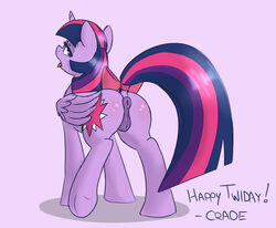 2013 alicorn anus ass cradeelcin cutie_mark english_text equine female feral friendship_is_magic fur hair horn horse looking_back my_little_pony open_mouth pony purple_eyes purple_fur purple_hair pussy solo standing text twilight_sparkle_(mlp) wings