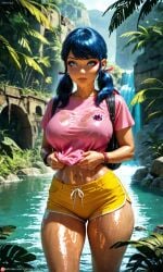 1girls ai_generated bare_arms bare_legs bare_midriff bare_thighs belly_button blue_eyes blue_hair bracelets disney disney_channel eyebrows eyelashes eyeliner eyeshadow hi_res jungle ladybug_(character) large_ass large_breasts long_hair marinette_cheng marinette_dupain-cheng miraculous:_tales_of_ladybug_and_cat_noir miraculous_ladybug shiny_clothes shiny_skin shirt_lift shorts solo solo_female solo_focus stomach t-shirt thick_thighs twintails waifufamily water wet_body wet_clothes wet_skin