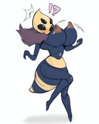 !? 1female 1girls 2025 absurdres antennae anthro areolae bayonet_(artist) bee big_breasts blush breasts dynamic_pose female female_only fluffy furry furry_female furry_only grey_body grey_skin hips hollow_knight huge_breasts humanoid insect_girl insect_humanoid insects massive_breasts multi_eye neck_tuft queen queen_bee queen_vespa solo stinger thick_thighs thighs wasp wide_hips