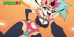 ai_generated big_breasts cowgirl_position ends34 female furry_female helluva_boss queen_bee-lzebub_(helluva_boss) shorts