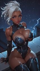 ai_generated big_ass big_lips blue_eyes breast_grab clothed dark-skinned_female elbow_gloves electricity fingerless_gloves large_breasts leotard marvel marvel_rivals rooftop self_fondle sitting slim_waist smug starry_sky storm_(marvel_rivals) storm_(x-men) stormlover69 thick_thighs thigh_boots voluptuous white_hair wide_hips x-men