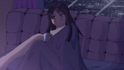 bed bed_sheet bedroom bedroom_setting blanket blush blushing_female city city_background city_lights cityscape female female_only girl girly long_gloves long_hair no_ai no_bra no_furry purple_eyes purple_hair rain raining tuubaa youtube youtuber youtuber_girl