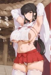 ai_generated barely_clothed barely_covered big_nipples bushy_pubes kikyo_(inuyasha) large_areolae large_breasts large_thighs peeking_nipple shrine_maiden sweating sweaty_armpits sweaty_body tagme thighhighs visible_breath