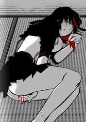 black_hair blood breasts clothing defeated female fingering kill_la_kill lying mamebeat masturbation matoi_ryuuko menophilia menstruation monochrome multicolored_hair nipples no_panties on_side period_blood school_uniform selective_color senketsu serafuku short_hair skirt solo suspenders tatami tears two_tone_hair vagina