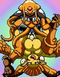 anthro avian belly big_belly breasts cephalopod egg egg_laying faithe faithe_(artist) flygon_(artist) green_eyes grey_eyes harpy hindpaw inflation interspecies nipples octopus paws suction_cup talon