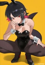 animal_ears black_bow black_bowtie black_hair black_leotard black_pantyhose bow bowtie breasts candy cleavage colored_inner_hair detached_collar ellen_joe fake_animal_ears female fins fish_tail floffyfam food food_in_mouth highres leotard lollipop looking_at_viewer medium_breasts mole mole_under_eye multicolored_hair orange_background pantyhose playboy_bunny rabbit_ears red_eyes red_hair shark_girl shark_tail short_hair simple_background solo squatting strapless strapless_leotard tail wrist_cuffs zenless_zone_zero