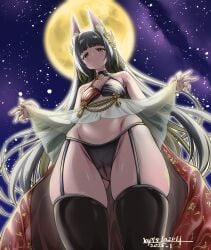 animal_ear_fluff animal_ears azur_lane black_hair black_nails black_panties blush breasts clothes_lift crotch_seam dress dress_lift female fox_ears from_below full_moon garter_straps half-closed_eyes highres hip_focus lifting_own_clothes looking_at_viewer looking_down midriff moon nagato_(meta)_(azur_lane) nail_polish navel night night_sky outdoors panties presenting seductive_smile see-through_clothes see-through_dress see-through_panties skindentation sky small_breasts smile solo star_(sky) starry_sky thighhighs thighs umyonge_(lkakeu) underwear yellow_eyes