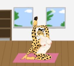 anthro black_nipples black_spots breasts cheetah chelsea felid feline female fitness fur genitals hi_res mammal nipples nude pose pussy raitohyou solo spots yellow_body yellow_fur