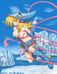 blonde_hair blush boots breast_grab breasts choker clenched_teeth dark_magician_girl duel_monster female hat highres ice long_hair love_(pspdspsp) outdoors rape restrained restrained_by_tentacles sky stripped_by_tentacles suspended_via_tentacles tentacle tentacle_around_breast tentacle_around_waist tentacles_around_arms tentacles_around_legs undressing wink witch_hat yu-gi-oh! yuu-gi-ou_duel_monsters