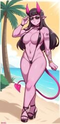 ai_generated beach big_breasts demon dross_(style) female female_only high_heels horns oc piercing purple_skin sling_bikini solo_female stable_diffusion succubus sunglasses swimsuit tail tattoo tattoos