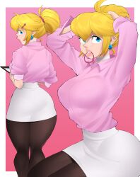 female flytrapxx hourglass_figure mario_(series) nintendo princess_peach shirt_tucked_in shirt_tucked_in_skirt skirt tagme thick_thighs tight_clothes tight_clothing tight_skirt