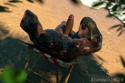 3d alcohol beach black_panther black_panther_(marvel) black_panther_(series) blandwich blender_(software) casual_nudity dark_skin erection glowing_eyes male male_only marvel marvel_rivals public public_nudity solo sunbathing superhero t'challa