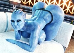 1girls 2025 3d 3d_(artwork) alien alien_girl asari ass ass_up blue_eyes blue_skin female humanoid looking_at_viewer mass_effect nude nude_female sofa solo tagme venus_body voluptuous wet_cheetos