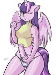 2013 alicorn anthro anthrofied clothing dickgirl equine friendship_is_magic fur hair horn horse horsecock intersex long_hair looking_at_viewer my_little_pony one_eye_closed panties penis plain_background pony purple_fur purple_hair solo the-rasp-b twilight_sparkle_(mlp) underwear white_background wings