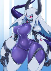 1girls android anus ass black_panties black_underwear breasts cameltoe clothing colored_skin facial_mark female horns hybrid jewelry looking_at_viewer orca_(pochincoff) original panties pink_eyes pink_sclera pochincoff purple_skin robot robot_girl smile tail translucent underwear white_hair