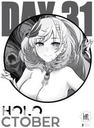 1girls big_breasts black_and_white breasts cleavage convenient_censoring female grayscale holoctober hololive hololive_indonesia landacdeus large_breasts looking_at_viewer mostly_nude naked nude pavolia_reine peacock_feather peacock_feathers solo virtual_youtuber vtuber