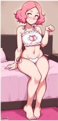 ai_generated bed bedroom blush cat_lingerie dross_(style) female female_only green_eyes haru_okumura lingerie persona persona_5 pink_hair solo_female stable_diffusion white_lingerie