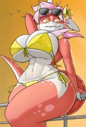 2010s 2018 2d background big_breasts big_butt bikini bow bow_in_horn breasts_bigger_than_head creatiffy curvy digital_drawing_(artwork) digital_media_(artwork) dragon dragon_girl dragon_horns dragon_tail dragoness drawers_(background) eyebrows eyelashes eyewear_on_head fanart fangs furry gift gift_art glasses glasses_on_forehead hi_res horns huge_breasts leaning_on_wall long_tail medium_hair melissa/milly_(adamant543) no_pupils oc orange_eyes original pink_body pink_hair png salmon_body sexy simple_coloring simple_shading small_waist smile spotted_body string_bikini sunglasses sunglasses_on_forehead tail voluptuous voluptuous_female white_body white_sclera wide_hips wind yellow_bikini yellow_light yellow_sky