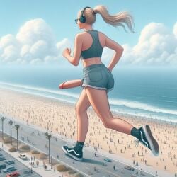 ai_generated beach big_penis blonde_hair futa_is_bigger giantess glasses headphones headphones_on_head huge_cock light-skinned_futanari light_skin penis ponytail running seaside shorts size_difference sneakers spalela vans