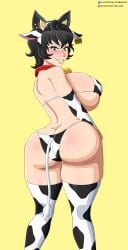 arm_gloves back_view big_ass bikini blush blush bubble_butt cat_ears catgirl child_bearing_hips collar cow_bell cow_ears cow_horns cow_print cow_print_bikini cow_tail kali_belladonna large_breasts looking_at_viewer looking_back milf presenting_ass rwby smile smiling_at_viewer thick_thighs thighhighs tkb_nsfw wide_hips