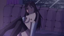 anime_style ass bed bedroom blanket blush blushing_female city city_background city_lights cityscape dark_hair long_gloves long_hair long_socks nipples no_ai no_bra no_furry no_panties no_underwear purple_eyes purple_hair rain raining tuubaa window youtube youtuber youtuber_girl