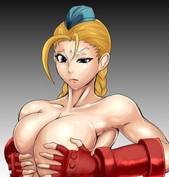 antenna_hair beret blonde_hair blue_eyes breast_hold breasts cammy_white capcom female female_only huge_breasts human solo street_fighter tomliat