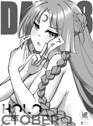 1girls big_breasts black_and_white breasts convenient_censoring covered_nipples female grayscale holoctober hololive hololive_indonesia landacdeus large_breasts looking_at_viewer moona_hoshinova mostly_nude naked nude solo virtual_youtuber vtuber