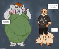 ambiguous_gender anthro anthro_only arcanine belly big_belly duo elephant elephantid english_text female generation_1_pokemon hi_res humor joke larger_clothed male male/female mammal nintendo obese overweight paradoxinhead pokemon pokemon_(species) proboscidean speech_bubble text