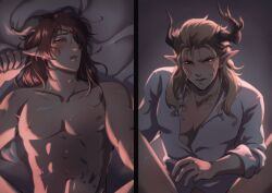 2025 2boys abs aobane_px arknights blush demon demon_horns gay hi_res hoederer_(arknights) horns light-skinned_female light_skin long_hair looking_at_viewer lying lying_on_back male_only manfred_(arknights) pointy_ears red_hair