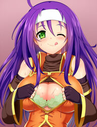 bra breasts cleavage erokosei fire_emblem fire_emblem:_path_of_radiance fire_emblem:_radiant_dawn green_eyes hair large_breasts licking_lips mia_(fire_emblem) open_clothes open_shirt purple_hair shirt sweat wink