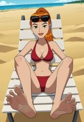 ai_generated barefoot beach beach_chair ben_10 ben_10_ultimate_alien bikini breasts cleavage feet female female_focus female_only foot_fetish ginger ginger_hair gwen_tennyson medium_breasts orange_hair ponytail soles toes