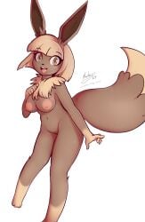 absurd_res anthro breasts brown_body brown_fur canid canine eevee female fur generation_1_pokemon genitals hair hi_res mammal nachan neck_tuft nintendo nipples nude pokemon pokemon_(species) pokemorph pussy simple_background solo tail tuft