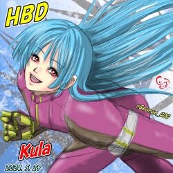 bending_forward bent_forward big_ass big_butt female frozen gloves ice king_of_fighters kula_diamond light_blue_hair light_skin long_hair open_mouth pale_skin red_eyes smile