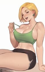 1girls 2d 2d_(artwork) abs blonde_hair breasts closed_eyes female female_focus female_only gym_shorts holymeh large_breasts laura_(holymeh) simple_background solo solo_female solo_focus tank_top tank_top_lift