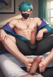 abs ai_generated aphelios aqua_hair censored cum cum_drip foot_fetish foot_play footjob gay heartsteel_aphelios heartsteel_series league_of_legends male male_focus male_only mask masked masked_male open_clothes pecs penis_out tagme wink yaoi