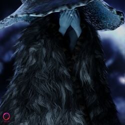 1girls 3d blue_skin cloak cloak_only covering_face elden_ring female female_only fromsoftware ranni_the_witch ring shy wizard_hat