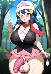 1futa ai_generated big_balls big_penis blue_eyes blue_hair condom condom_on_penis dawn_(pokemon) filled_condom futanari huge_ass huge_breasts huge_cock pink_skirt pokemon red_scarf scarf skirt smiling thedawn_hikari thick_thighs v_sign wide_hips