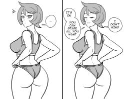 ... 1girls arezu_(pokemon) ass back_view breasts closed_eyes cowboy_shot drawthread_request greyscale looking_at_viewer looking_back monochrome nintendo panties pokemon pokemon_legends:_arceus reptileye short_hair standing underwear